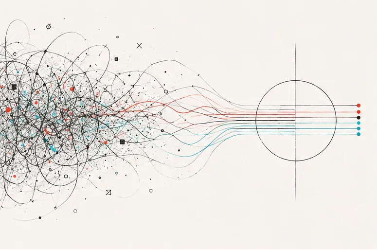 Line illustration: a dense tangle of marks on the left resolving into clean parallel lines passing through a circle.