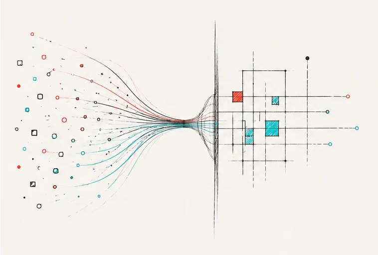 Line illustration: scattered fragments drawing together through a narrow point and resolving into an ordered grid.