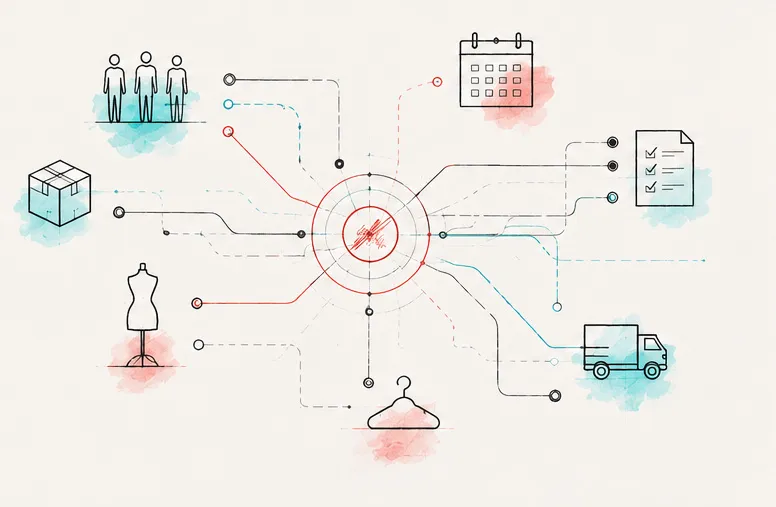 Line illustration: a central hub connected outward to a calendar, a checklist, a delivery van, garment forms and a group of people.
