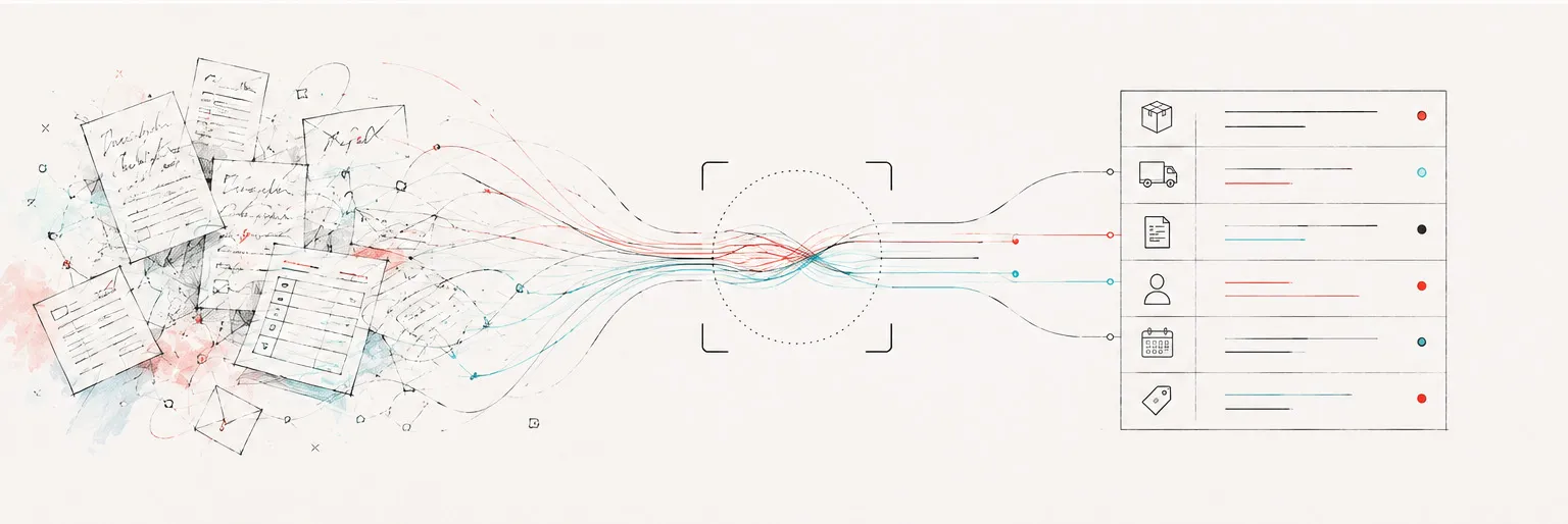 Line illustration: scattered documents drawn through a focus frame and emerging as a set of structured rows.